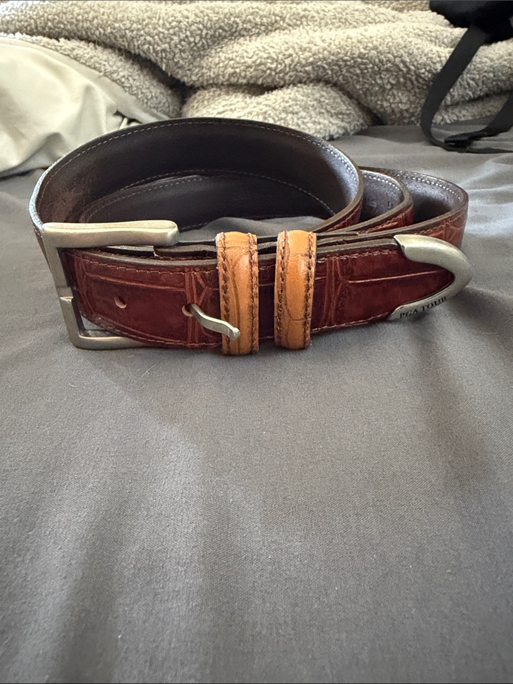 PGA TOUR Brown Leather Men's Belt Brown Silvertone Buckle Size 50
